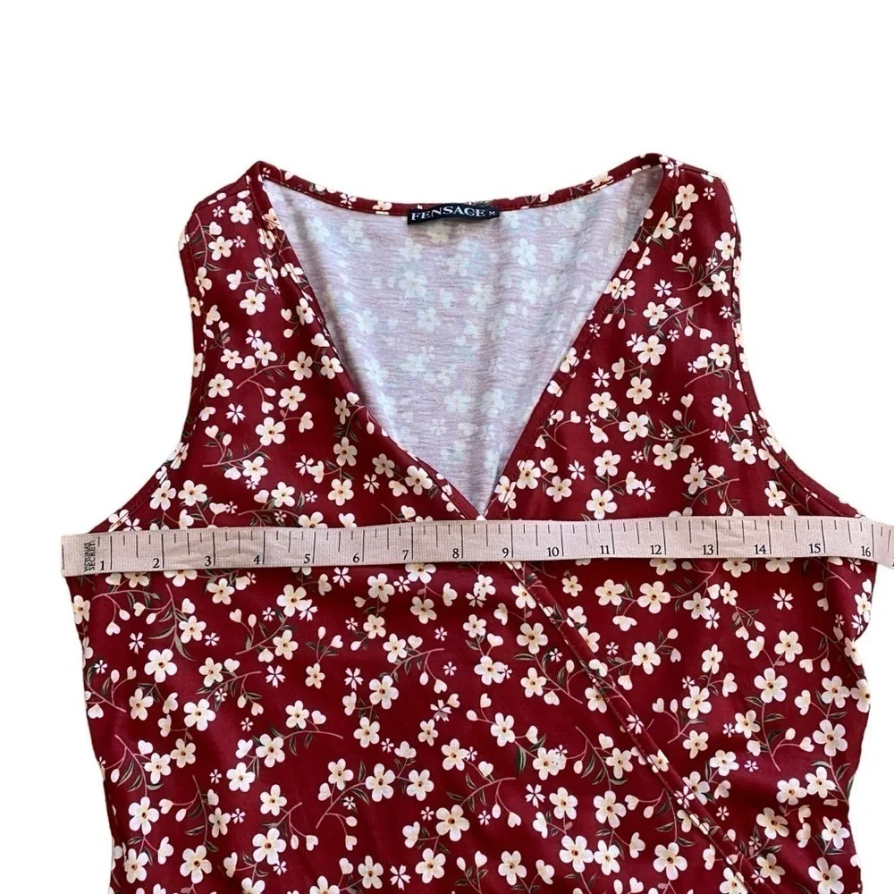 Fensace Womens Red With Yellow Floral Sun Dress Sleeveless Teared Skirt - Picture 6 of 10